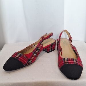 Tartan Plaid Black Toe Slingback Women Shoes Size 10